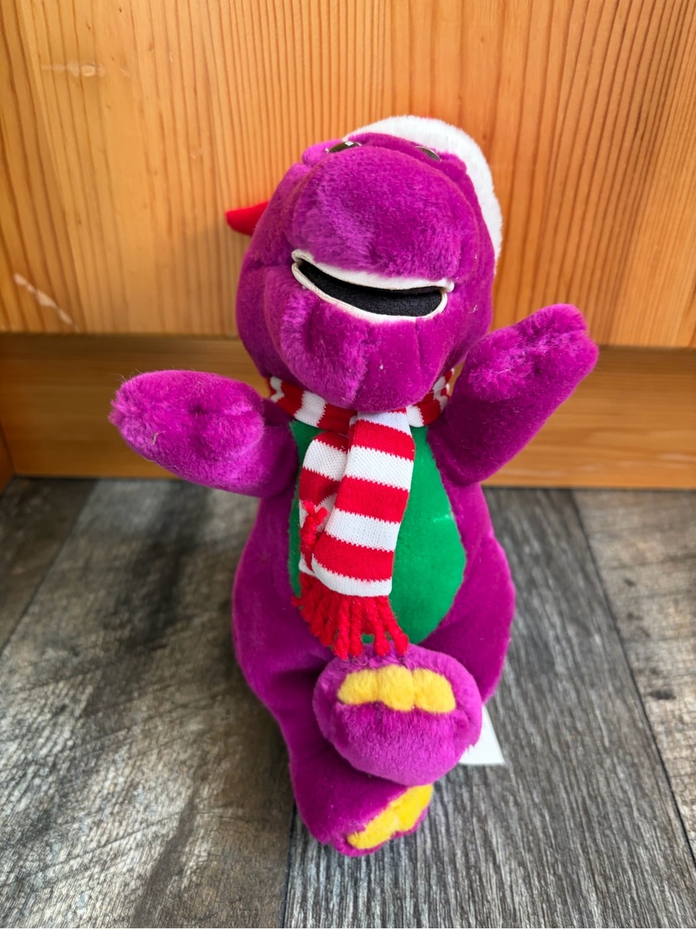 1992 Barney the Purple Plush Dinosaur with Santa hat and Scarf
